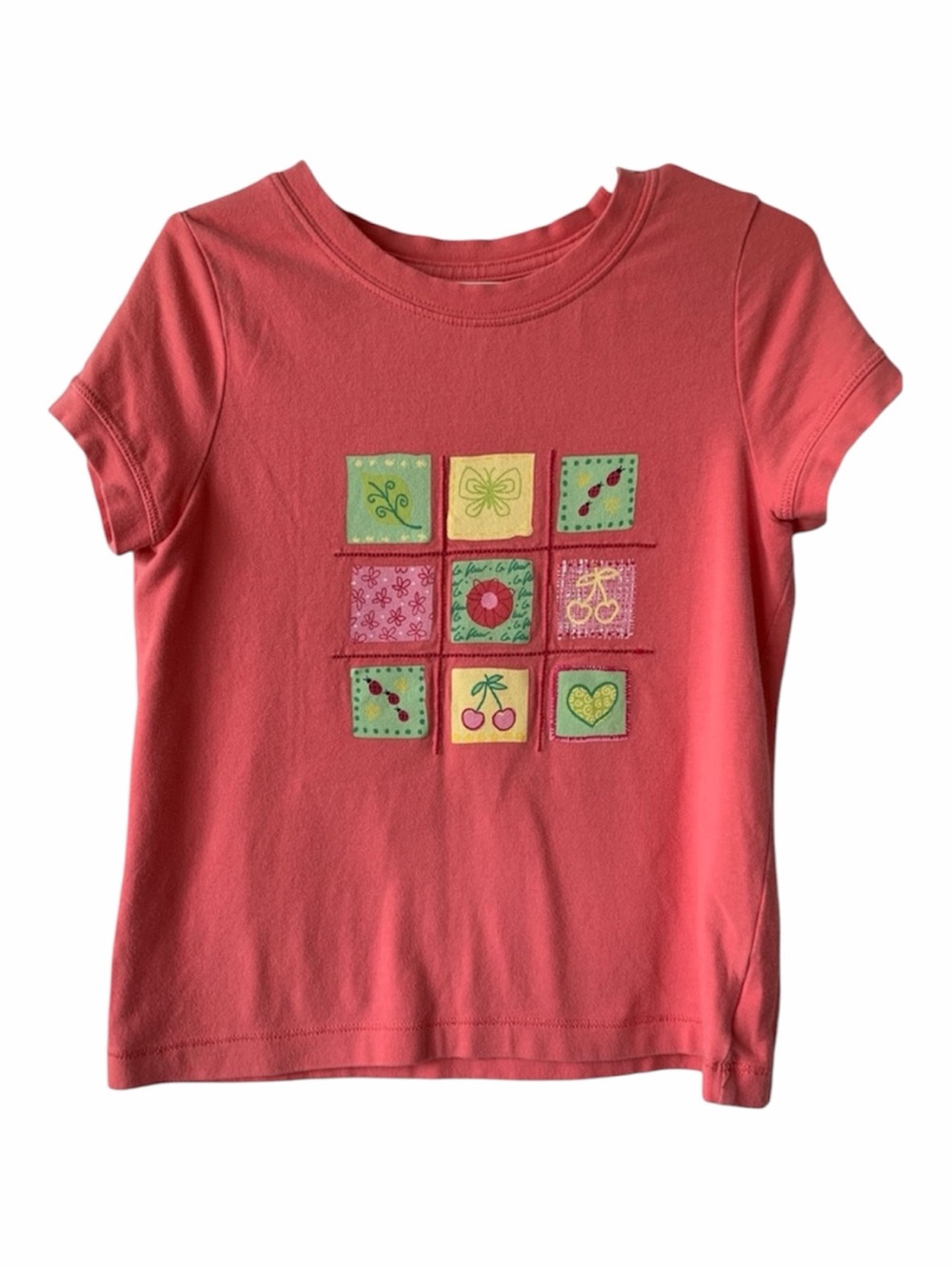 J. Khaki Shirt Girls Size M Peachy Orange Tic Tac Toe Appliqué Cap Short Sleeve